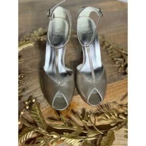 Stuart Weitzman Metallic Gold Peep Toe Heels with Rhinestone Buckle - Size 6.5
